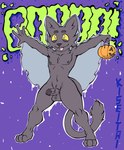 anthro black_body black_fur erection food fruit fur happy male nude plant pumpkin simple_background solo yellow_eyes kiseitai bob_(kiseitai) domestic_cat felid feline felis mammal absurd_res hi_res