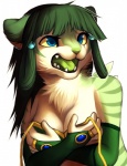 anthro blue_eyes chest_tuft clothed clothing female fur green_hair green_tongue hair open_mouth simple_background skimpy solo stripes tongue tuft wardrobe_malfunction white_background falvie rabiah felid mammal minxen digital_media_(artwork) half-length_portrait portrait