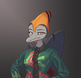 anthro clothed clothed_anthro clothed_male clothing eyebrows floral_print grey_background grey_body grey_hair hair half-closed_eyes jacket looking_at_viewer male markings narrowed_eyes neutral_expression orange_body orange_eyes raised_eyebrow scar short_hair simple_background solo striped_markings stripes text topwear unimpressed wings alexsavenije goodbye_volcano_high ko_op_(game_developer) naser_(gvh) prehistoric_species pterosaur reptile scalie artist_name colored half-length_portrait hi_res portrait shaded
