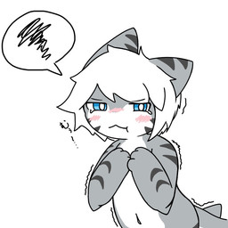 ambiguous_gender annoyed anthro black_stripes blue_eyes blush emanata fin frustration_cloud grey_body hair looking_at_viewer narrowed_eyes navel shark_tail simple_background solo speech_bubble striped_body stripes white_background white_body white_hair no.03_(artist) changed_(video_game) tiger_shark_(changed) aquatic fish shark 1:1