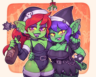 belt big_breasts big_ears black_nails bodysuit bottle bracelet breast_size_difference breasts chain christmas_clothing christmas_headwear cleavage clothed clothing colored_nails container cross cross_ear_piercing cross_piercing duo ear_piercing ear_ring eyeshadow facial_piercing female fishnet_clothing fishnet_legwear green_body green_skin hair hand_on_hip hand_on_shoulder headgear headwear holidays jewelry legwear leotard lip_piercing lip_ring lipstick looking_at_viewer makeup markings mistletoe mole_(marking) nails not_furry piercing plant purple_eyes purple_hair red_eyes red_hair ring_piercing shortstack skinsuit skull_accessory smile smiling_at_viewer spiked_bracelet spikes stockings strapless_clothing strapless_leotard thigh_highs tight_clothing goobone christmas goblin humanoid hi_res