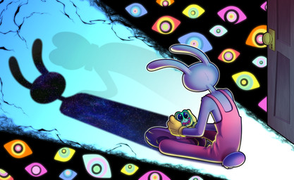 anthro clothed clothing door duo female holding_object male overalls purple_body sad shadow sitting tail absolutedream glitch_productions the_amazing_digital_circus jax_(tadc) ribbit_(tadc) amphibian frog absurd_res hi_res
