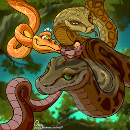 ambiguous_feral ambiguous_gender brown_body brown_scales female female_feral feral feral_on_feral forest green_body green_eyes green_scales heart_symbol intraspecies kissing male markings multicolored_body multicolored_scales orange_body orange_scales plant polyamory scales selfcest spots spotted_body square_crossover text tree omny87 the_jungle_book the_jungle_book_(2016) kaa_(jungle_book) kaa_(jungle_book_2016) kaa_(mowgli's_4d_jungle_adventure) reptile scalie snake 1:1 2025 english_description hi_res signature url female_(lore)