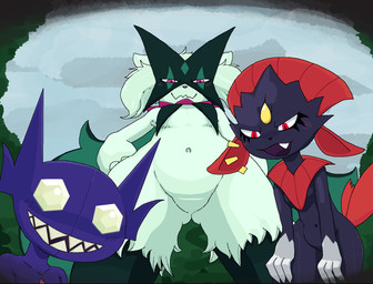 anthro black_nose blush blush_lines butt butt_from_the_front eyelashes featureless_crotch female forehead_gem front_view fur gem gem_eyes gloves_(marking) green_body green_fur group hands_on_hips looking_at_viewer low-angle_view markings mask narrowed_eyes navel open_mouth open_smile pink_eyes pink_nose pupils purple_body purple_fur red_eyes sharp_teeth slit_pupils smile snaggle_tooth teeth thick_thighs trio wide_hips commonbleat nintendo pokemon generation_3_pokemon generation_4_pokemon generation_9_pokemon meowscarada pokemon_(species) sableye weavile hi_res