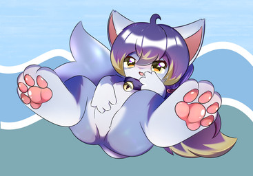 anthro blue_body blue_fur blush female front_view fur hair multicolored_body multicolored_fur open_mouth purple_hair sex_toy solo spread_legs spreading white_body white_fur young shiningcanc aquatic cetacean domestic_cat felid feline felis hybrid mammal whale hi_res