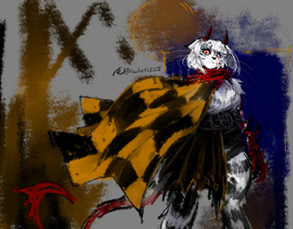 anthro arm_tuft bangs belt big_breasts black_clothing black_stripes bob_cut breasts cape checkered checkered_clothing clothing demonic digitigrade facial_scar female fur hair horn looking_at_viewer multicolored_body multicolored_fur occult_symbol orange_clothing pattern_clothing pentagram pointed_tail red_body red_eyes red_sclera scar scarf short_hair shoulder_tuft solo standing straps stripes symbol torn_clothing tuft two_tone_body two_tone_fur whiskers white_body white_eyes white_hair bracketsxxx melp felid mammal pantherine tiger clip_studio_paint_(artwork) digital_media_(artwork) digital_painting_(artwork) painting_(artwork) signature