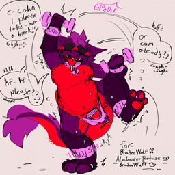 accessory anthro biped black_sclera blush bodily_fluids body_control breath clothed clothing cock_ring collar cum cursed dialogue drooling exercise exhausted fur genital_fluids jewelry lock long_tail male multi_eye multicolored_body multicolored_fur multicolored_tail open_mouth orgasm_denial padlock panting penis_accessory penis_jewelry purple_body purple_fur red_body red_fur saliva simple_background slightly_chubby solo speech_bubble sweatband tail text tongue tongue_out toony gloedik mythology glo dragon furred_dragon furred_scalie mythological_creature mythological_scalie scalie 1:1 2025 digital_media_(artwork) english_text hi_res signature story story_in_description