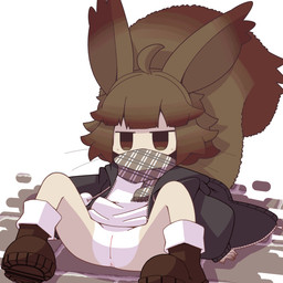ahoge anthro anus biped boots bottomless bottomless_anthro bottomless_female brown_hair brown_tail clothed clothed_anthro clothed_female clothing countershading female female_anthro fluffy fluffy_tail footwear front_view fur genitals hair hoodie leaning leaning_backward obscured_mouth oversized_clothing oversized_hoodie oversized_topwear plantigrade scarf shirt shoes simple_eyes sitting sitting_on_ground slim slim_anthro slim_female solo spread_legs spreading tail tan_body tan_fur topwear vulva whiskers white_body white_countershading white_fur crepix flying_squirrel mammal rodent sciurid 1:1 2025 cel_shading digital_drawing_(artwork) digital_media_(artwork) shaded