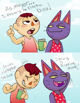 anthro beverage blush brown_hair clothed clothing container cup dialogue drunk duo eyes_closed facial_hair hair half-closed_eyes laugh male narrowed_eyes open_mouth purple_eyes shirt short_hair simple_background smile standing stubble substance_intoxication text tongue topwear undercut whiskers yellow_sclera annie-mae animal_crossing nintendo bob_(animal_crossing) villager_(animal_crossing) villy_(annie-mae) domestic_cat felid feline felis human mammal 2016 digital_media_(artwork) english_text hi_res