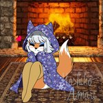 ambiguous_gender anthro bedding blanket cozy eyes_closed fire fireplace floor hair heart_symbol log rug snowflake_pattern solo tail white_hair wood wood_floor yukino_ayumi ceilyurei canid canine canis fox mammal wolf hi_res