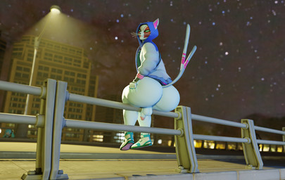 anthro balls big_butt bottomless bottomless_anthro bottomless_male brown_body brown_fur butt city clothed clothing footwear forked_tail fur furgonomic_topwear furgonomics genitals green_eyes hoodie looking_at_viewer looking_back looking_back_at_viewer male night penis raised_tail shoes sitting sky smile snaggle_teeth solo street_lamp tail tongue tongue_out topwear unusual_anatomy unusual_tail whiskers white_body white_fur streetsign01 epic_games fortnite nyanja_(fortnite) domestic_cat felid feline felis mammal 3d_(artwork) blender_(artwork) digital_media_(artwork) hi_res