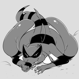 anthro anthrofied ass_up big_butt bikini bikini_bottom breasts butt clothing female long_tail looking_at_viewer lying markings narrowed_eyes non-mammal_breasts on_front pokemorph sharp_teeth smile snout solo spiked_tail spikes spikes_(anatomy) striped_markings striped_tail stripes swimwear tail tail_markings teeth teeth_showing text thick_thighs two-piece_swimsuit wide_hips conditional_dnp digitaldomain123 nintendo pokemon generation_5_pokemon krookodile pokemon_(species) 1:1 2025 absurd_res artist_name greyscale hi_res monochrome signature
