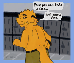 anthro clock clothing fur horn male naked_torso orange_body orange_fur overweight overweight_male simple_background solo speech_bubble text toony watch fruitgator mythology copper_(fruitgator) dragon mythological_creature mythological_scalie scalie english_text hi_res