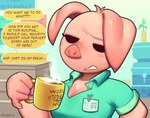 2022 annoyed anthro beverage breasts cleavage clothed clothing coffee dialogue domestic_pig english_text female lilmoonie mammal mug oinky_(lilmoonie) pink_body pink_skin shirt solo suid suina sus_(pig) text topwear unbuttoned_shirt