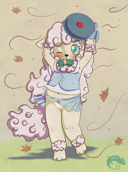 anthro blush bottomwear camel_toe clothed clothing falling_leaves female fluffy hair hat headgear headwear kemono leaf loli midriff navel one_eye_closed panties paws pink_hair raised_bottomwear raised_clothing raised_skirt ribbons shy skirt solo underwear upskirt wind wink young young_anthro lahuncham colette_(sirbrownbear) bovid caprine domestic_sheep mammal sheep full-length_portrait hi_res portrait