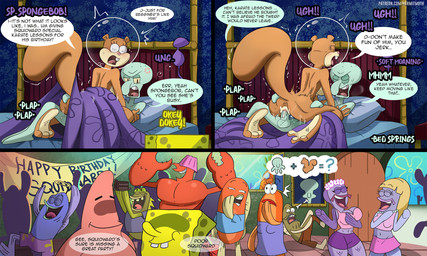 anthro anus bed blush bodily_fluids butt cake covering crazy_eyes cum cum_inside dancing dessert embarrassed erection female female_penetrated flower_cloud_(spongebob) food furniture genital_fluids genitals hand_on_another's_butt hand_on_butt inside looking_pleasured male male/female male_penetrating male_penetrating_female nervous nude open_mouth party penetration penis pillow sex smile sound_effects speech_bubble spread_legs spreading standing surprised sweat tail text vulva hermit_moth nickelodeon spongebob_squarepants larry_the_lobster mal patrick_star sandy_cheeks spongebob_squarepants_(character) squidward_tentacles aquatic arthropod asterozoan cephalopod coleoid crustacean decapod decapodiform eastern_grey_squirrel echinoderm fish grey_squirrel lobster malacostracan mammal mollusk rodent sciurid squid starfish tree_squirrel 2026 5:3 comic english_text hi_res