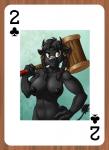 anthro big_breasts black_body black_fur black_hair black_nipples braided_hair breasts card card_template clubs_(suit) female fur hair hammer hand_on_hip holding_object nipples piercing playing_card playing_card_template solo suit_symbol tools two_of_clubs weapon brian_mcpherson blizzard_entertainment warcraft bigbewbs bovid bovine mammal tauren