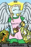 anthro apron blonde_hair blue_body braided_hair card card_template clothed clothing container cup dress eyes_closed feathered_wings feathers female fortune_telling goblet hair liquid long_snout major_arcana mature_female snout solo tarot tarot_card temperance_(tarot) text wings stillzero cavemanon_studios snoot_game samantha_(snoot_game) prehistoric_species pterodactylus pterosaur reptile scalie 2:3 english_text hi_res