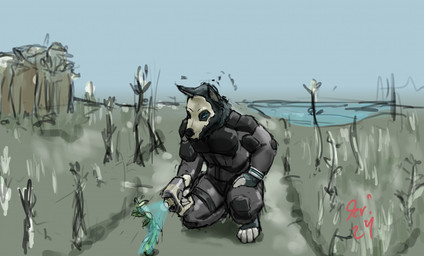 anthro black_body black_fur blue_eyes bone clothed clothed_male clothing crops day fur glowing glowing_blue glowing_eyes grass kneeling looking_at_viewer male outside path plant red_text sea skull skull_head sky solo text water jeri_kleinlowe canid canine mammal skulldog_(species) 2024 colored dated guide_lines hi_res signature