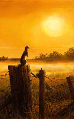 ambiguous_gender brown_body brown_fur fence feral fur outside simple_background solo standing sun white_body white_fur yellow_background kenket mammal mustelid musteline true_musteline weasel 2016 hi_res painting_(artwork) portrait shaded traditional_media_(artwork) traditional_painting_(artwork) yellow_theme