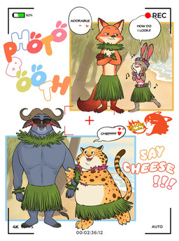 2_horns anthro black_ears black_nose blue_body blue_fur brown_ears clothed clothing countershading dialogue dipstick_ears ear_markings eyelashes female female_anthro fur grass_skirt green_eyes grey_body grey_ears grey_fur group horn long_tail male male_anthro markings multicolored_body multicolored_ears multicolored_fur orange_body orange_ears orange_fur overweight overweight_male pink_inner_ear pink_nose pupils purple_eyes spots spotted_markings spotted_tail striped_markings striped_tail stripes tail tail_markings tan_body tan_countershading tan_fur tan_inner_ear text two_tone_ears white_body white_countershading white_fur yellow_body yellow_fur unoday_studio disney zootopia benjamin_clawhauser chief_bogo judy_hopps nick_wilde bovid bovine buffalo canid canine cape_buffalo cheetah european_rabbit felid feline fox lagomorph leporid mammal oryctolagus rabbit red_fox true_fox absurd_res english_text hi_res