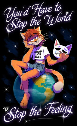 anthro biped bottomwear brown_body brown_fur brown_hair claws clothed clothing dipstick_tail earth eyebrow_through_hair eyebrows fingers fur hair looking_at_viewer macro male markings mask midriff planet smile smiling_at_viewer solo tail tail_markings text text_on_clothing text_on_topwear topwear translucent translucent_hair whiskers rabbitpatches pat_(rabbitpatches) domestic_cat felid feline felis mammal absurd_res english_text hi_res nonbinary_(lore)