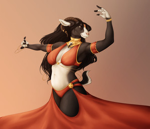 5_fingers anthro armband belly big_breasts biped black_body black_fur black_hair bracelet breasts brown_background brown_eyes brown_horn closed_smile clothed clothed_anthro clothed_female clothing countershade_face countershade_fur countershade_tail countershade_torso countershading curled_horn curved_horn curvy_figure dancing ear_piercing ear_ring ear_stud female female_anthro fingerless_(marking) fingerless_gloves_(marking) fingers front_view fur gloves_(marking) gradient_background hair harem harem_outfit horn horn_jewelry horn_ring hourglass_figure humanoid_hands inner_boob jewelry long_hair markings midriff monotone_hair mouth_closed multicolored_body multicolored_fur navel piercing pink_nose red_clothing ring_(jewelry) ring_piercing short_tail silk simple_background skimpy smile solo standing tail tan_background two_tone_body two_tone_fur white_belly white_body white_countershading white_ears white_fur white_hands white_sclera wide_hipped_anthro wide_hipped_female wide_hips charlottechambers alterise bovid caprine hybrid mammal sheep-goat portrait three-quarter_portrait