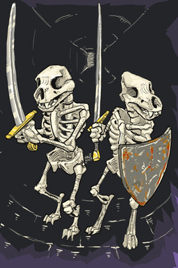 ambiguous_gender anthro bone duo holding_melee_weapon holding_object holding_shield holding_weapon melee_weapon shield skeleton sword teeth teeth_showing weapon mawkvlt 2:3 hi_res