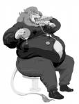 anthro belly belly_overhang big_belly biped burger claws clothed clothing eating eyes_closed food fur holding_food holding_object love_handles male mane moobs obese obese_anthro obese_male open_mouth overweight overweight_anthro overweight_male sandwich_(food) simple_background sitting solo submarine_sandwich teeth thick_thighs white_background travisohara felid lion mammal pantherine greyscale hi_res monochrome