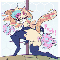 anthro anus breasts candy candy_feces cotton_candy cotton_candy_feces dessert feces female food food_feces genitals nude nude_female pink_eyes pooping puffy_anus raised_tail smile solo tail unusual_feces vulva zaffyx hellaverse helluva_boss queen_bee-lzebub_(helluva_boss) canid canid_demon canine demon fox mammal 1:1 hi_res