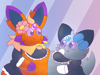 anthro bell bell_collar big_breasts bottomwear bow_ribbon breast_squish breasts breasts_frottage clothing collar costume duo eyewear female flower_on_head freckled_breasts freckles fusion glasses huge_breasts maid_uniform musky_breasts pokemon_fusion semi-anthro skirt squish uniform nanabsylve nintendo pokemon eeveelution espeon espurr flareon generation_1_pokemon generation_2_pokemon generation_5_pokemon generation_6_pokemon oshawott pokemon_(species) 4:3 hi_res