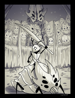 ambiguous_gender antennae_(anatomy) anthro armor biped black_body chair feral fingers furniture group headgear helmet holding_melee_weapon holding_object holding_weapon melee_weapon text throne weapon churrokat hollow_knight_(franchise) team_cherry god_tamer_(hollow_knight) arthropod 2020 artist_name english_text hi_res
