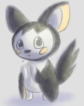 ambiguous_gender anthro black_body black_fur black_nose black_tail cheek_markings facial_markings fur head_markings looking_at_viewer markings smile solo standing tail white_body white_fur yellow_body yellow_fur jubb nintendo pokemon emolga generation_5_pokemon pokemon_(species) 2018 signature