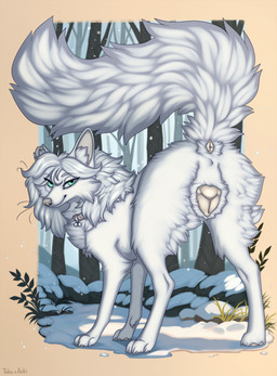 animal_genitalia animal_vulva anus canine_genitalia canine_vulva collar female feral fur genitals green_eyes solo tail tail_anus vulva whiskers white_anus white_body white_collar white_fur white_nose white_tail white_vulva a.o.kigahara_(artist) taka_(artist) canid canine fox mammal artist_collaboration hi_res