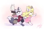 anthro box breasts cleavage clothed clothing container crown cutout dress eyewear female footwear freckles glasses hand_holding headgear hoodie male navel navel_cutout pink_clothing pink_dress ribbons shopping socks tiara topwear gingy_k_fox gingy_(gingy_k_fox) canid canine domestic_cat felid feline felis fox mammal