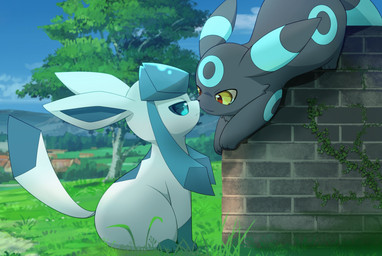 ambiguous_gender black_body black_fur cloud day duo feral fur grass kemono looking_at_another nose_to_nose outside plant sitting sky tree wall_(structure) yellow_eyes hirochanu nintendo pokemon eeveelution generation_2_pokemon generation_4_pokemon glaceon pokemon_(species) umbreon 2026 hi_res