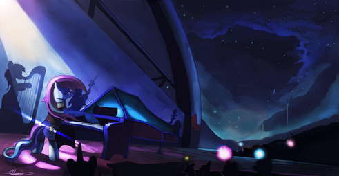 cutie_mark eyes_closed female feral grand_piano group hair hooves keyboard_instrument musical_instrument night outside piano pink_hair sky stage standing auroriia friendship_is_magic hasbro my_little_pony coloratura_(mlp) earth_pony equid equine horse mammal pony