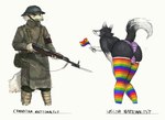 2020 5_fingers alternate_pride_colors alternate_rainbow_pride_colors anthro armor bayonet big_butt black_body black_fur bulge butt canada canid canine clothing coat digital_media_(artwork) duo english_text fingers flag flag_(object) footwear fox fur green_clothing green_topwear gun headgear helmet hi_res holding_flag holding_gun holding_object holding_ranged_weapon holding_rifle holding_weapon humor knife legwear lgbt_pride male mammal maple_leaf military military_uniform multicolored_clothing multicolored_footwear multicolored_socks narrowed_eyes panties pink_clothing pink_panties pink_underwear presenting presenting_hindquarters pride_color_clothing pride_color_flag pride_color_legwear pride_colors rainbow_flag rainbow_pride_clothing rainbow_pride_colors rainbow_pride_flag rainbow_symbol raised_tail ranged_weapon rifle simple_background six-stripe_rainbow_pride_colors sks smile socks standing stripes tail text thick_thighs topwear trenchcoat underwear uniform unimpressed wales weapon welsh_dragon welsh_flag whaleoil1 white_body white_fur