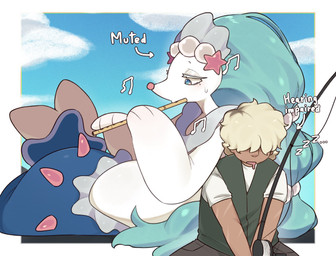 ambiguous_gender blonde_hair blue_body blue_eyes bodily_fluids clothed clothing drooling duo eyelashes feral hair male multicolored_body mute open_mouth pink_body pink_nose saliva sitting sleeping sweat text white_body svkhaiminh nintendo pokemon generation_7_pokemon human mammal pokemon_(species) primarina hi_res