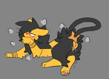 blush bodily_fluids butt embarrassed female feral genital_fluids genitals nipples paws presenting presenting_hindquarters presenting_vulva solo tail vaginal_fluids vulva shinyumbre nintendo pokemon generation_4_pokemon luxio pokemon_(species)