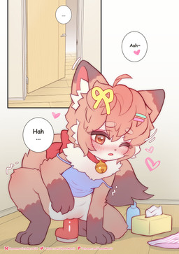 accessory ahoge anthro arm_tuft baseboard bell bell_collar black_text blue_clothing blue_hairclip blue_shirt blue_tank_top blue_topwear bluesky_handle bluesky_logo blush blush_lines bottle bottomless bottomless_anthro bottomless_female bottomwear bow_ribbon brown_claws brown_ear_tips brown_fingers brown_hands brown_paws brown_tail_tip cheek_tuft circle_eyebrows claws clothed clothing collar comic_panel container dildo dildo_in_vagina dildo_insertion dipstick_ears dipstick_tail door door_handle doorway ear_markings emanata eyebrows eyelashes facial_tuft female floor fluffy fluffy_tail fur genitals hair hair_accessory hair_bow hair_ribbon hairclip heart_symbol inner_ear_fluff knee_blush leg_tuft long_eyelashes markings moan motion_lines multicolored_ears neck_tuft off_shoulder one_eye_closed open_door open_mouth orange_eyes orange_hair panties patreon_logo patreon_username pattern_bottomwear pattern_clothing pattern_panties pattern_underwear penetration pink_blush pink_dildo pink_hairclip pink_heart pink_inner_ear pink_text red_bow ribbons sex_toy sex_toy_in_vagina sex_toy_insertion shirt small_nose solo striped_bottomwear striped_clothing striped_panties striped_underwear stripes tail tail_markings tank_top text thick_eyelashes tilde_after_text tissue topwear tuft twitter_handle twitter_logo underwear vaginal vaginal_penetration vulva wall_(structure) white_body white_crotch white_fur white_inner_ear_fluff white_speech_bubble white_tuft white_wall wood wood_door wood_floor yellow_bow young young_anthro young_female young_penetrated nyanmorris patreon twitter nia_(senz) canid canine fox mammal 2026 absurd_res colored digital_drawing_(artwork) digital_media_(artwork) hi_res