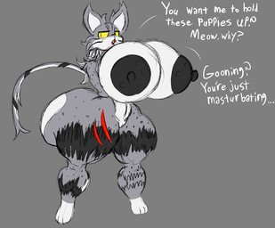 3_toes anthro big_breasts big_butt big_nipples black_nipples black_nose breasts butt dialogue feet female female_anthro fur genitals grey_background grey_body grey_fur huge_breasts huge_butt huge_hips huge_thighs innie_vulva leg_markings markings multicolored_body multicolored_fur nipples open_mouth scar simple_background socks_(marking) solo standing tail teeth text thick_thighs toes vulva wide_hips yellow_eyes latluxlula gomorrah_abbas domestic_cat felid feline felis mammal 2025 digital_media_(artwork) english_text