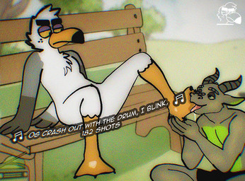 anthro bodily_fluids day duo feet foot_fetish foot_lick licking male male/male park rumor_the_seagull saliva text tongue rumortheseagull mythology avian bird dragon gull lari larid mythological_creature mythological_scalie scalie english_text