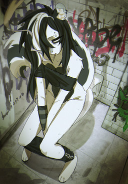 anthro bathroom black_body black_clothing black_eyelids black_fur black_hair black_shirt black_topwear bottomwear bottomwear_down cigarette cigarette_in_mouth cigarette_smoke clothed clothing eyebrow_piercing facial_piercing female flat_chested fluffy fur green_eyes hair hair_over_eye long_hair looking_at_viewer multicolored_body multicolored_hair object_in_mouth pants pants_down partially_clothed piercing public_restroom shirt slim smoke solo toilet toilet_use topwear two_tone_body two_tone_hair white_body white_fur yabeweny michelle_(yabeweny) mammal mephitid skunk 2025 digital_media_(artwork) full-length_portrait hi_res portrait