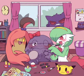 ambiguous_gender being_watched blush book box clock container cushion embarrassed group inside looking_at_another magazine makeup mascara open_mouth peeping window subaru331 nintendo pokemon gardevoir generation_1_pokemon generation_3_pokemon generation_4_pokemon generation_6_pokemon gengar goo_creature gourgeist lopunny muk pokemon_(species) 2016 digital_media_(artwork) hi_res