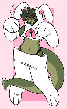 ambiguous_gender anthro blush blush_lines bottomwear bow_ribbon bunny_costume cartoon_freckles clothing costume emanata embarrassed eyebrow_through_hair eyebrows fangs freckled_face freckles geometric_background green_body green_hair green_tail hair holidays horn leg_markings looking_aside markings messy_hair multicolored_body pink_background pink_bow pink_nose red_eyes simple_background solo spiked_tail spikes spikes_(anatomy) spots spotted_hips spotted_markings tail teeth thong_straps translucent translucent_hair two_tone_body two_tone_tail white_costume yellow_sclera nerdyreindeer easter khyber_(nerdyreindeer) kobold scalie 2026 hi_res