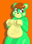 anthro belly big_belly big_breasts breasts brown_eyes brown_hair covering covering_breasts covering_self deep_navel female green_body hair looking_aside navel nude nude_anthro nude_female orange_background overweight overweight_anthro overweight_female simple_background solo nojimmyplz animal_crossing nintendo charlise_(animal_crossing) bear mammal hi_res portrait three-quarter_portrait