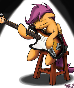 bass_guitar eyes_closed feathered_wings feathers female feral furniture guitar hair musical_instrument orange_body orange_feathers playing_guitar playing_music plucked_string_instrument purple_hair sitting solo spotlight stool string_instrument wings young young_feral mattings friendship_is_magic hasbro my_little_pony mythology scootaloo_(mlp) equid equine mammal mythological_creature mythological_equine pegasus 2013 5:6 absurd_res hi_res