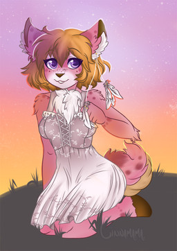 anthro clothing dress feathers fluffy simple_background solo spots star sunset cinnamama tawnysweet