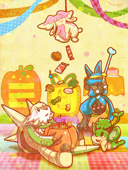 ambiguous_gender anthro apple bone candy chocolate dessert food fruit group male open_mouth party pinata plant pumpkin teeth tongue rasuku@07 nintendo pokemon audino canid canine chesnaught generation_4_pokemon generation_5_pokemon generation_6_pokemon haplorhine lucario mammal monkey pansage pokemon_(species) primate rodent 3:4